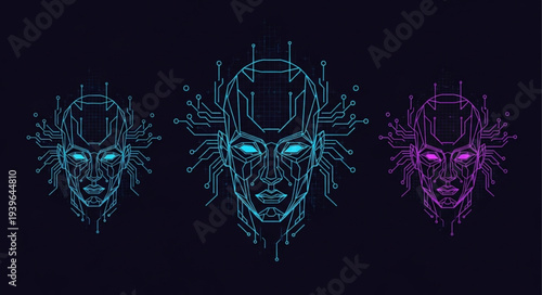 Futuristic Digital Human Heads with Circuitry and Data Streams.