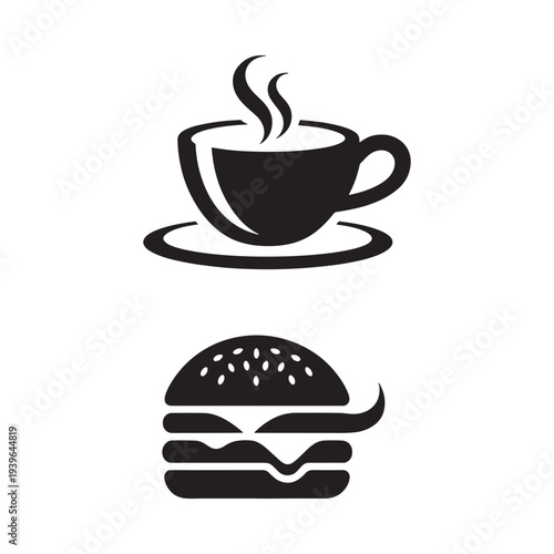 Simple black icons depict a hot drink and a classic hamburger