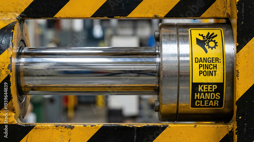 Wallpaper Mural Industrial warning sign hydraulic cylinder metal machinery safety hazard pinch point keep hands clear factory equipment industrial safety yellow black stripe close up detail Industrial warning Torontodigital.ca
