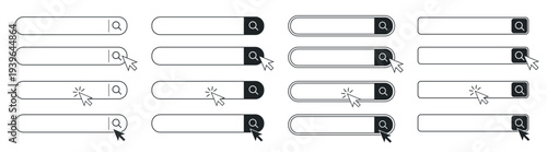 Search bar interface icons with magnifier and cursor, minimal line user interface elements for web and app design on transparent background
