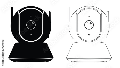 Wireless security camera for home surveillance, black silhouette and outline vector illustration