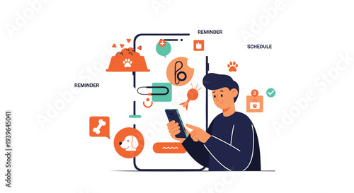 Vector illustration of a man using a smartphone with social media icons