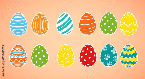 Easter eggs decorated with various colors and patterns for easter holiday