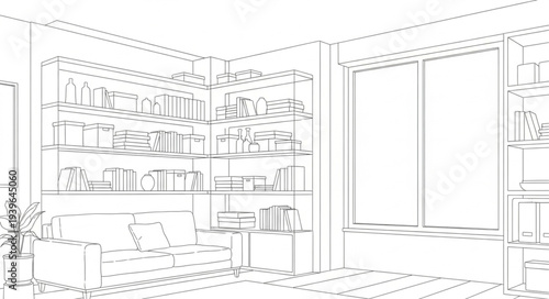 Minimalist Modern Kitchen Interior with Shelves and Large Window.