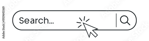 Search bar interface with mouse cursor click effect and magnifying glass icon vector on transparent background