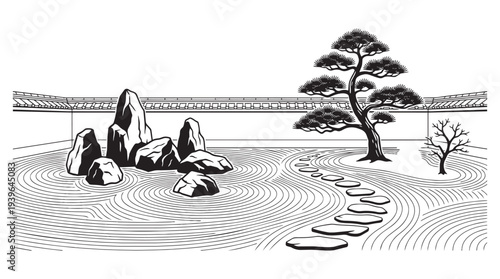 Zen garden illustration with raked sand rock formations pine tree and stepping stones vector design