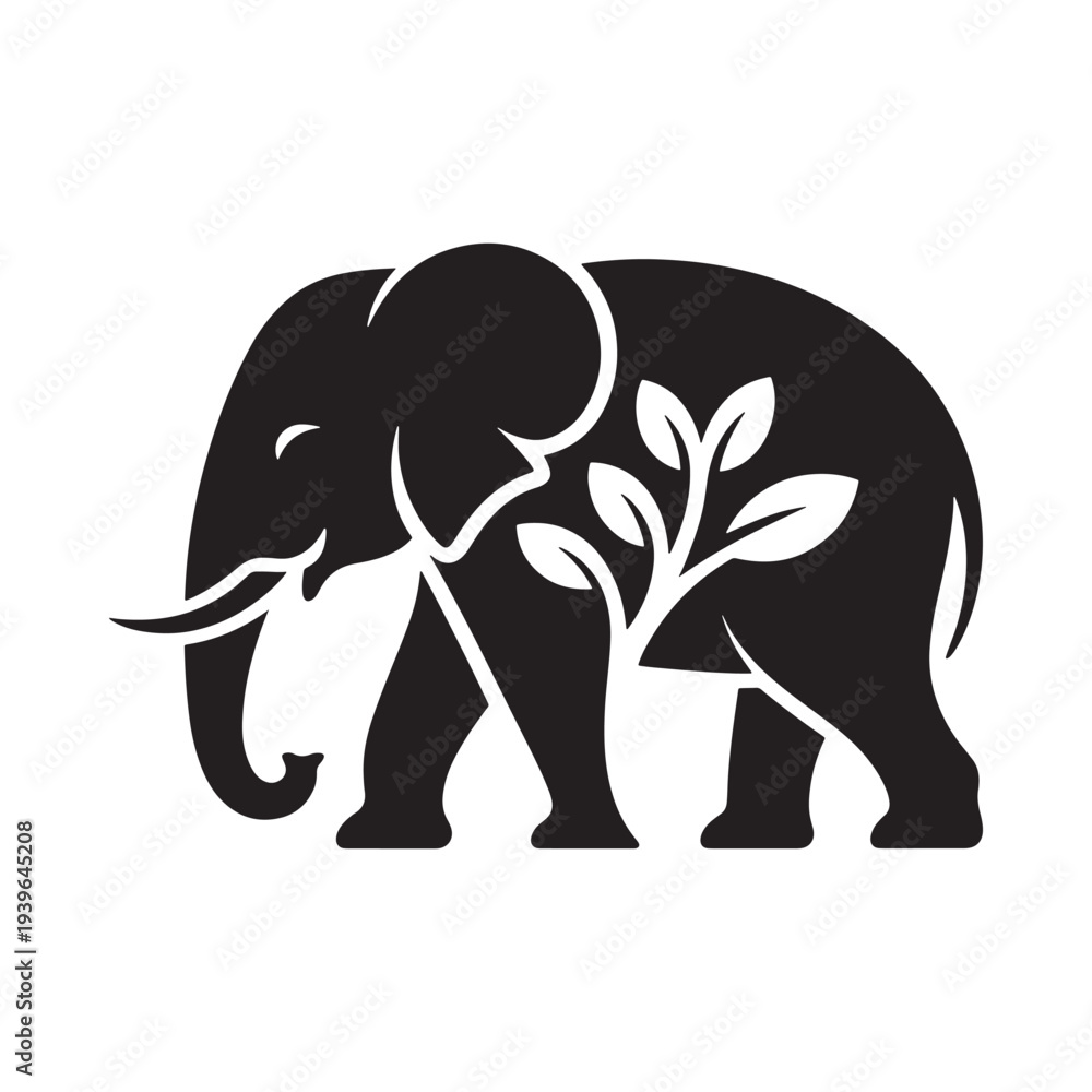 Fototapeta premium Stylized black silhouette of an elephant with foliage details
