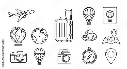 Travel Icons: Airplane, Suitcase, Globe, Passport, Camera, Compass, Map, Hot Air Balloon