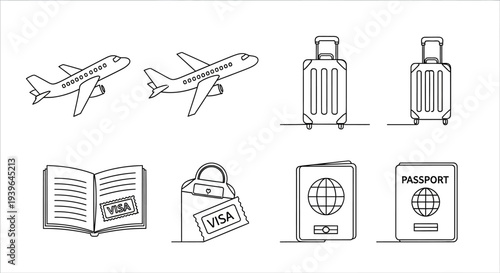 Travel Icons: Airplane, Suitcase, Passport, Visa Stamp, Shopping Bag - Line Art