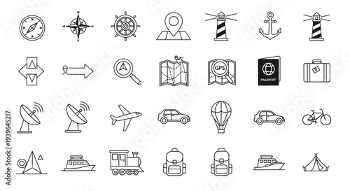 Travel and Navigation Icons: Compass, Map, Lighthouse, Airplane, Ship, Car, Bike