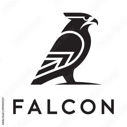A striking black and white illustration of a falcon in profile