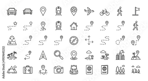 Travel Icons Set: Transportation, Navigation, Destinations, and Activities