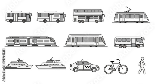 Urban Transport Icons: Bus, Tram, Train, Taxi, Yacht, Bicycle, Pedestrian