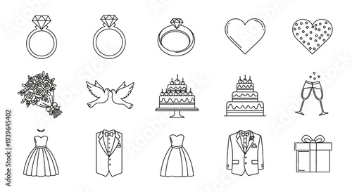 Wedding Icons: Rings, Hearts, Cake, Dress, Suit, Bouquet, Doves, Gifts, Champagne