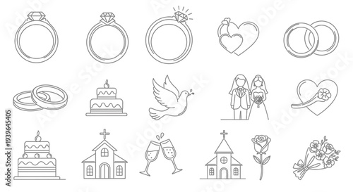 Wedding Icons Set: Rings, Bride, Groom, Cake, Dove, Church, Rose, Bouquet