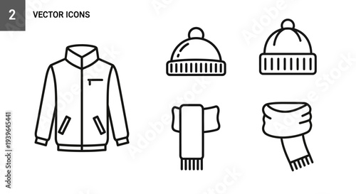 Winter Clothing Vector Icons: Jacket, Hats, Scarves - Outline Style