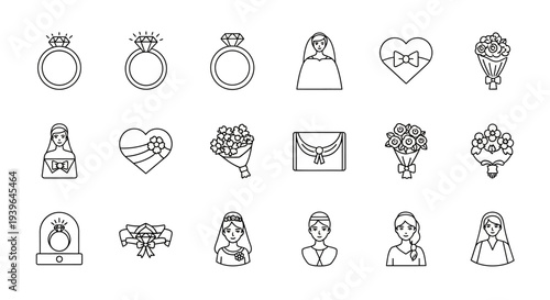 Wedding Icons Set: Rings, Brides, Bouquets, Heart, Clutch - Line Art