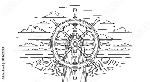 Nautical boat helm with ocean waves and birds lineart emblem