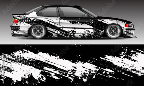 Car Wrap Design. Livery decal car vector with black white colour. Sticker full body car suitable for racing, rally and daily use