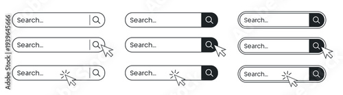 Search bar interface icon set with magnifying glass and cursor click elements, minimal web user interface vector illustration collection on transparent background