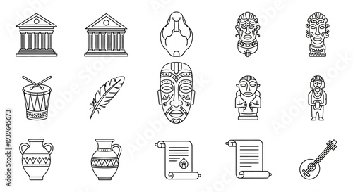 African Culture Icon Set: History, Art, Music, and Tradition Symbols