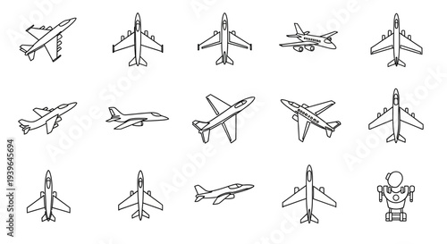 Airplane Icons Set: Jet Fighters, Commercial Jets, and Robot Vector Graphics