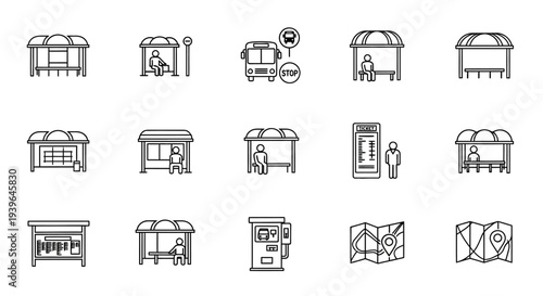 Bus Stop Icons: Shelters, People, Map, Ticket Machine
