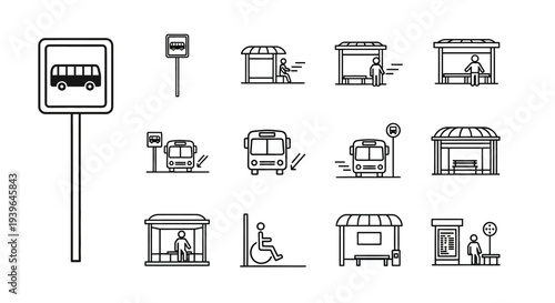 Bus Stop Icons: Transit Shelters, Signs, Buses, Passengers Waiting