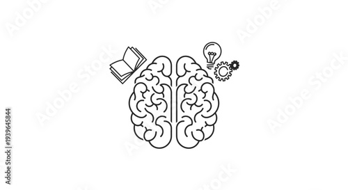 Brain with book, lightbulb, and gears - concept of knowledge, ideas, and thinking