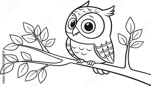 Owl coloring page sitting on branch simple cartoon