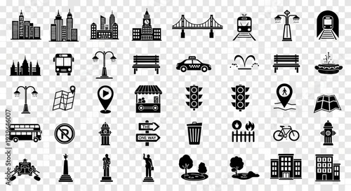 City Icons Set: Buildings, Transport, Street Elements, Navigation, Landmarks