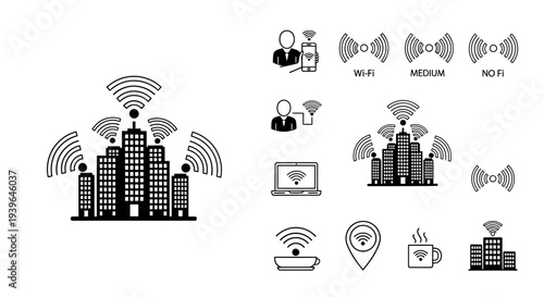 Citywide Wi-Fi Network Icons: Smart City Connectivity and Wireless Communication
