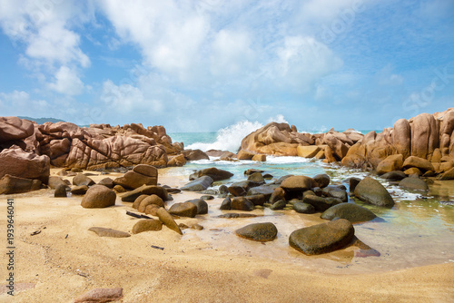 Foto Granite rocks, Anse Caiman Beach, Island La Digue, Republic of Seychelles, Africa