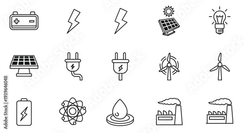 Clean Energy Icons: Solar, Wind, Battery, Lightbulb, Power Plug, Atom