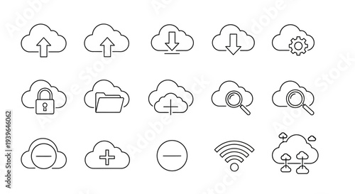 Cloud Computing Icons: Upload, Download, Security, Search, Network, Storage