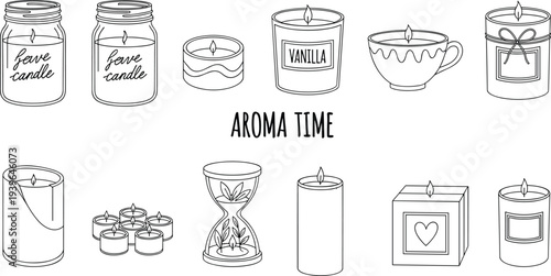 Aroma Candle Doodle Icon Set with Jar Candles, Vanilla Scent, Tealight, Cup Candle and Relaxation Spa Elements Vector Illustration