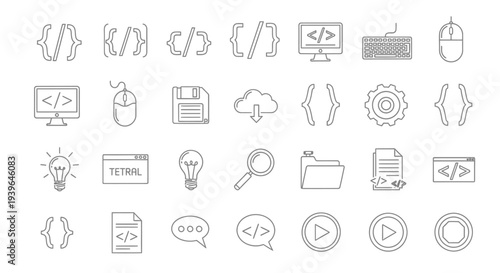 Coding Icons Set: Braces, Computer, Mouse, Cloud, Gear, Lightbulb, Search