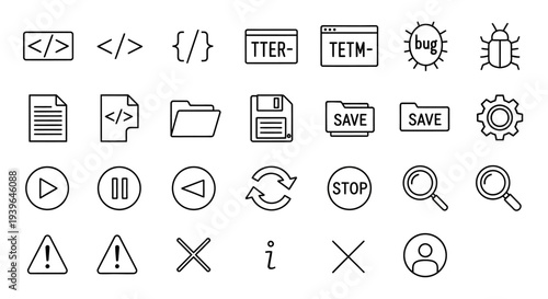 Coding Icons Set: UI Elements for Software Development and Web Design
