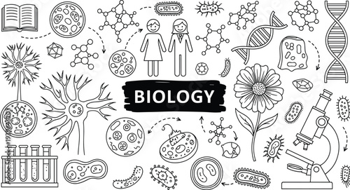 Biology science doodle icons set with DNA molecule microscope bacteria cells plants laboratory elements hand drawn educational vector illustration