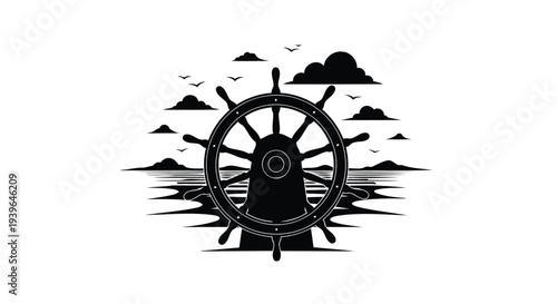 Dark maritime rudder outline with coastal scenery print