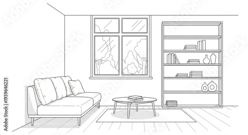 Modern Living Room Interior with Couch and Shelves.