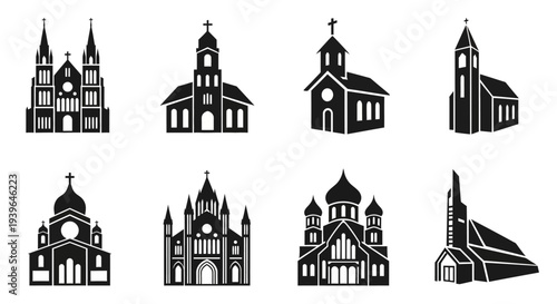 Collection of diverse church building icons in silhouette