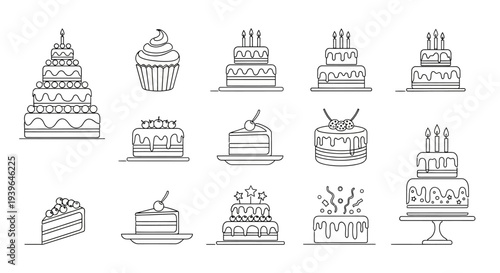 Collection of Hand Drawn Birthday Cakes and Cupcakes - Vector Icons