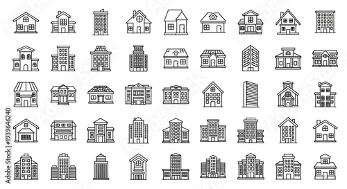 Collection of Hand-Drawn Building Icons: Houses, Offices, and Commercial Structures