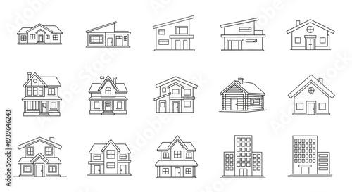 Collection of Hand-Drawn House Icons - Architectural Styles and Building Types