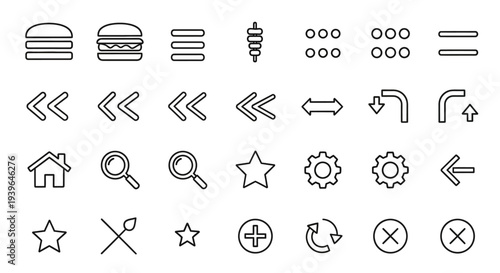 Collection of Line Icons for Web UI Design: Food, Navigation, Settings, and More