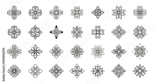 Collection of ornate floral mandala patterns, intricate decorative elements