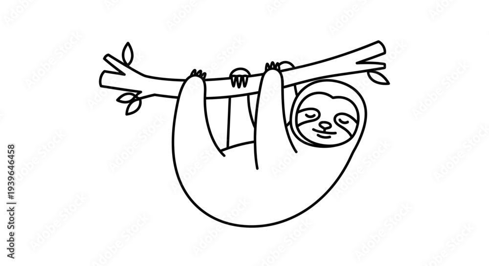 Fototapeta premium Cute Sloth Hanging on Tree Branch, Outline Drawing, Simple Vector Art