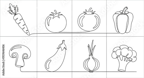 Continuous Line Drawing Vegetables Collection: Carrot, Tomato, Pepper, Mushroom, Eggplant, Onion, Broccoli