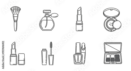 Cosmetics Icons Set: Makeup Brushes, Lipstick, Perfume, Mascara, Nail Polish, Eyeshadow